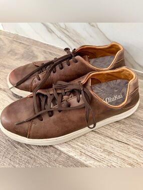 OluKai Men's Dark Brown Leather Low-Top Sneakers Liafer Comfort US 10